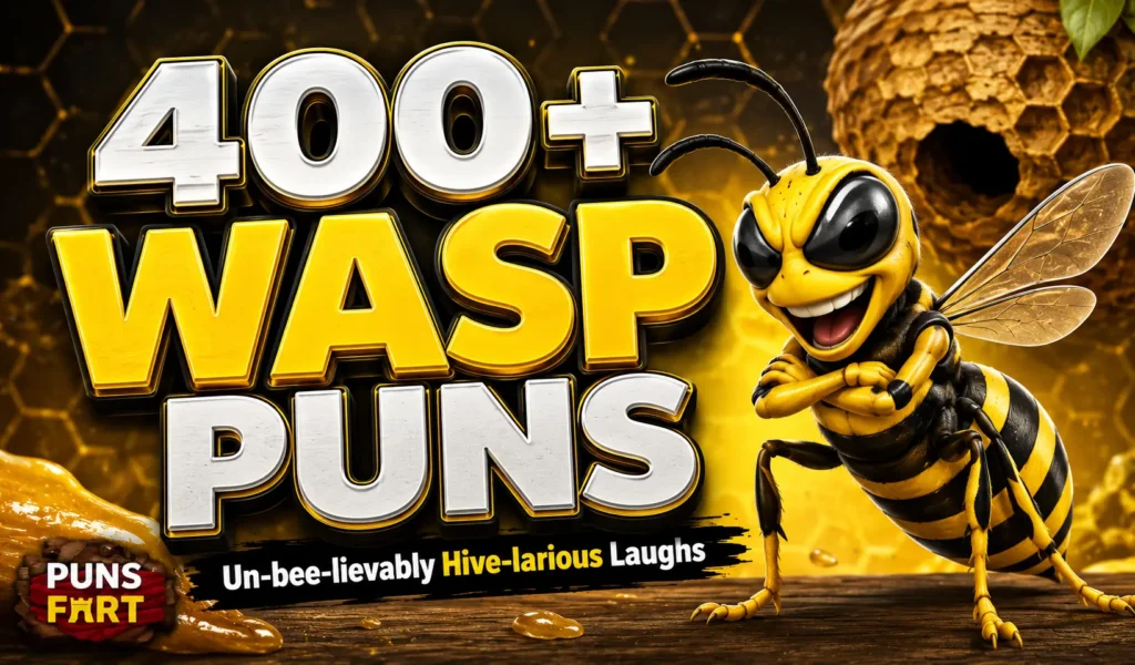 00+ wasp puns thumbnail with a funny cartoon wasp and honeycomb background