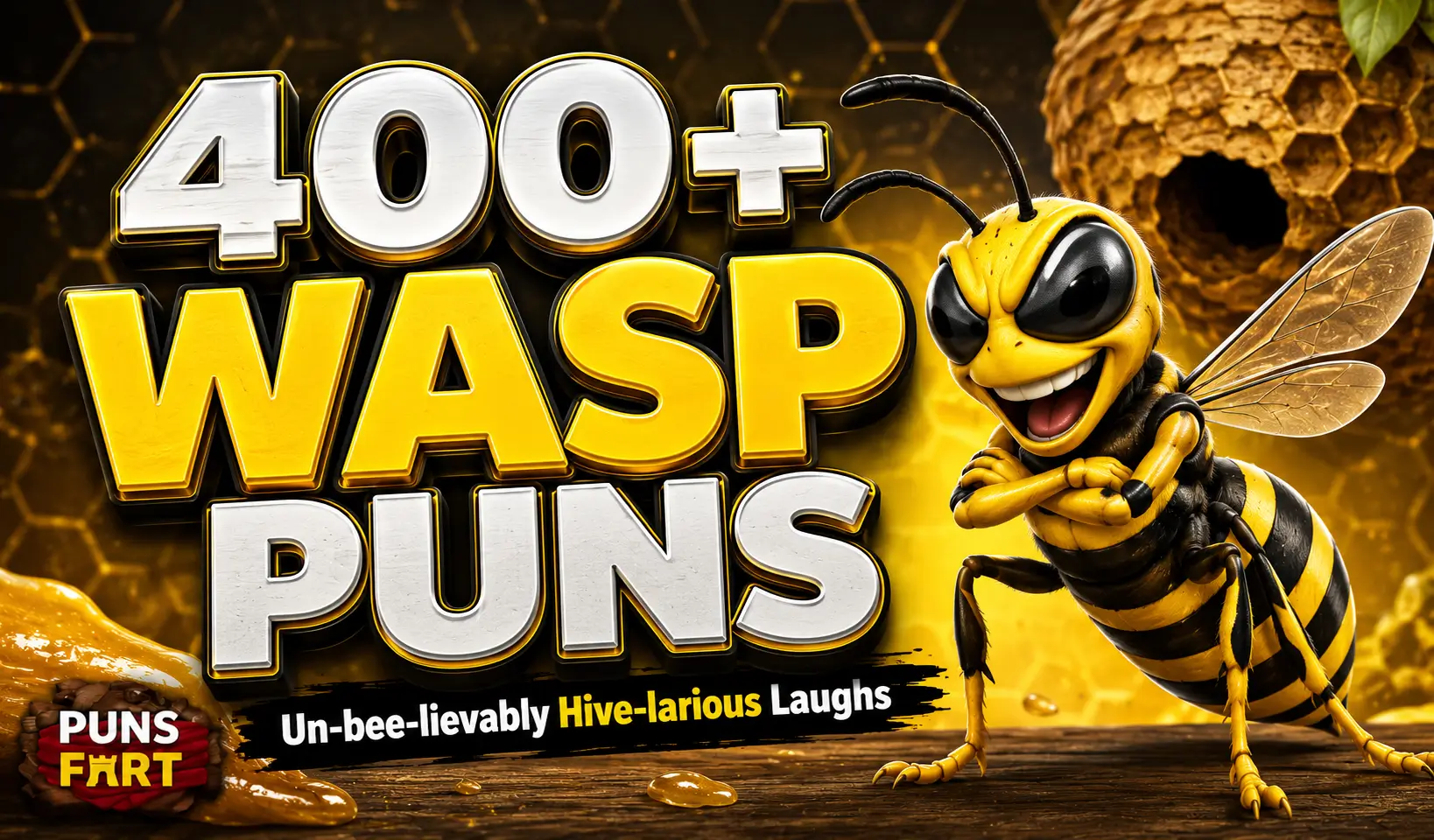 00+ wasp puns thumbnail with a funny cartoon wasp and honeycomb background