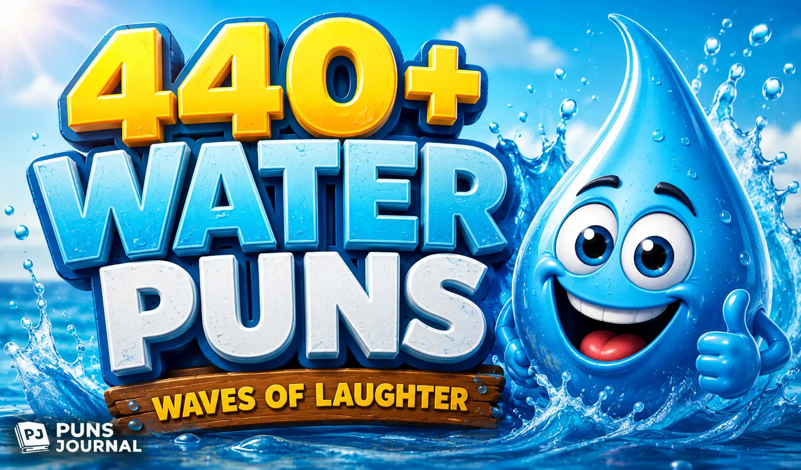 440+ water puns thumbnail with a cheerful water droplet mascot and bold 3D lettering