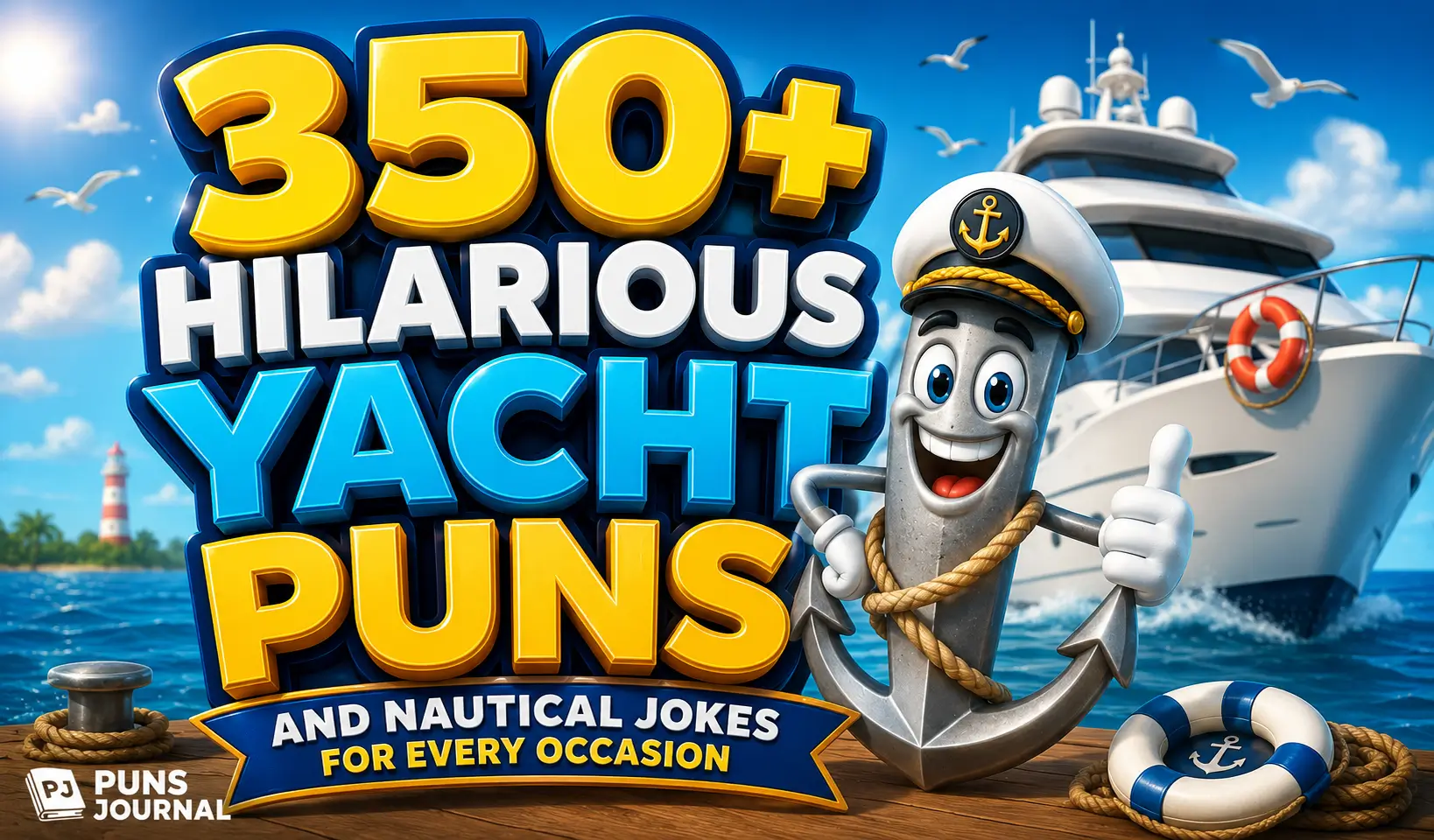 350+ yacht puns thumbnail with a cartoon anchor mascot and luxury yacht