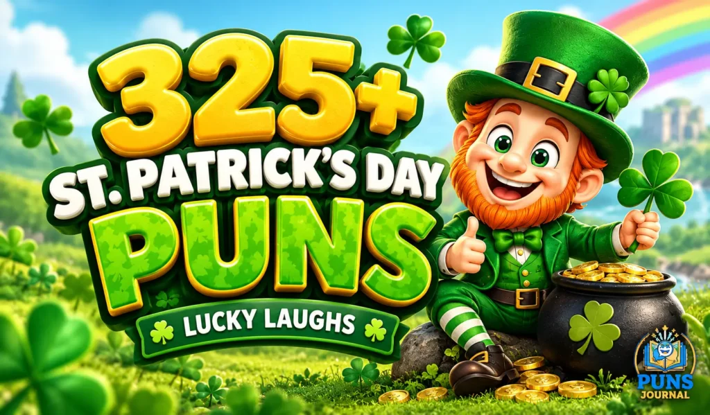 325+ St. Patrick's Day puns with a cheerful leprechaun, shamrocks, and pot of gold