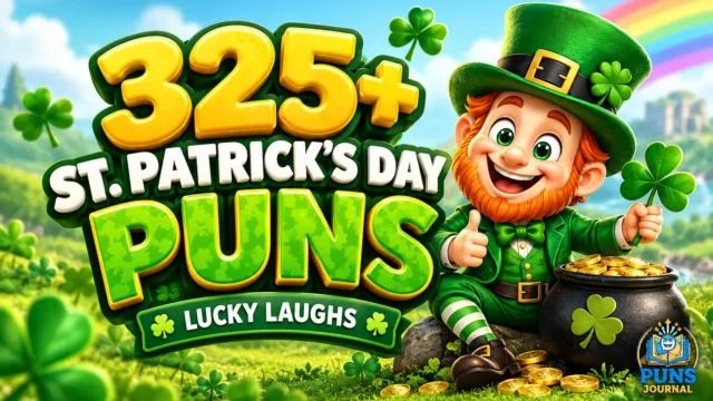 325+ St. Patrick's Day puns with a cheerful leprechaun, shamrocks, and pot of gold