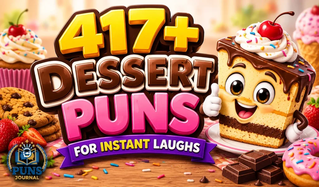 Colorful dessert character with bold 417+ dessert puns text