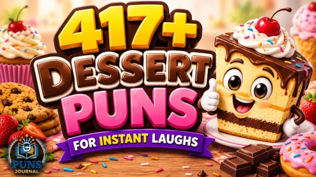Colorful dessert character with bold 417+ dessert puns text