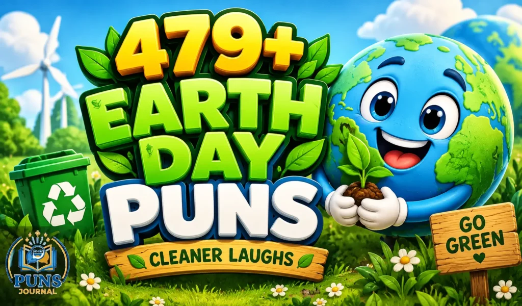 479+ Earth Day puns thumbnail with a cheerful Earth mascot and green eco-themed elements
