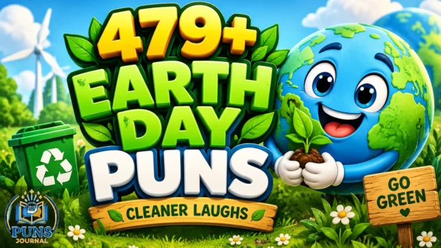479+ Earth Day puns thumbnail with a cheerful Earth mascot and green eco-themed elements