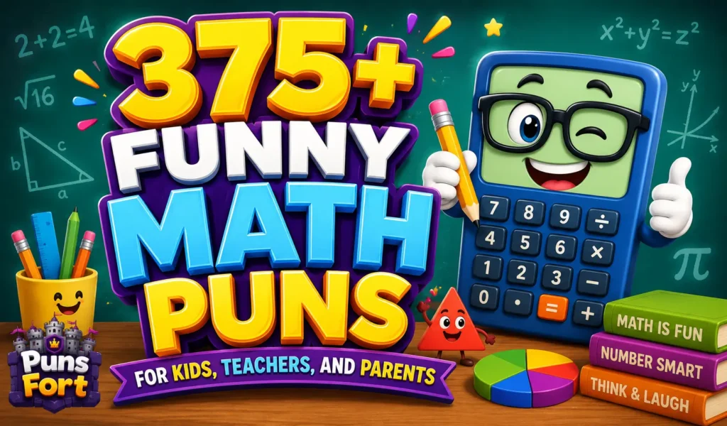 Funny math puns thumbnail with a cheerful calculator mascot and colorful 3D math lettering