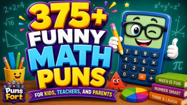 Funny math puns thumbnail with a cheerful calculator mascot and colorful 3D math lettering