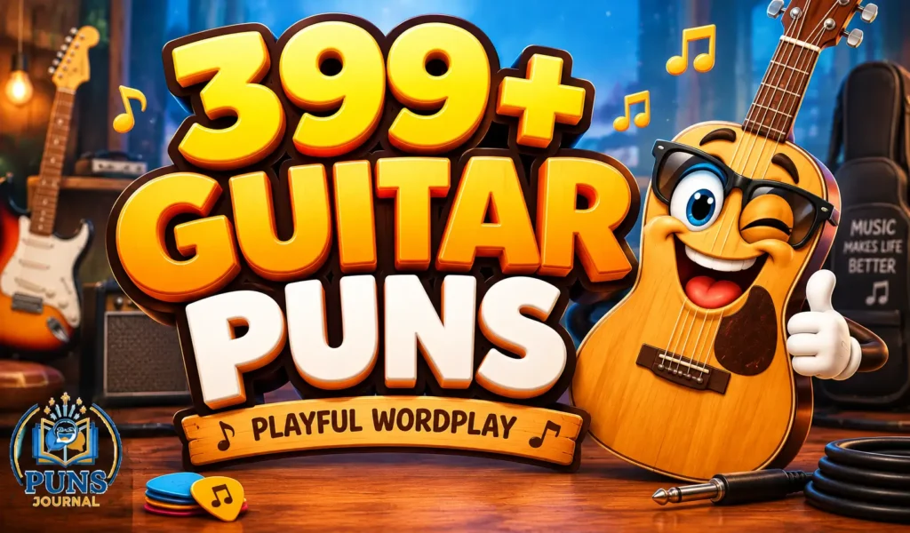 399+ guitar puns thumbnail with a cheerful cartoon guitar and bold 3D lettering