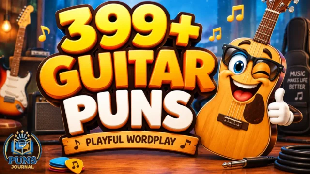 399+ guitar puns thumbnail with a cheerful cartoon guitar and bold 3D lettering