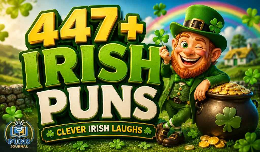 447+ Irish puns thumbnail with a cheerful leprechaun and colorful Irish countryside