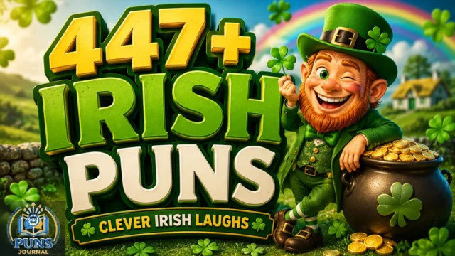 447+ Irish puns thumbnail with a cheerful leprechaun and colorful Irish countryside