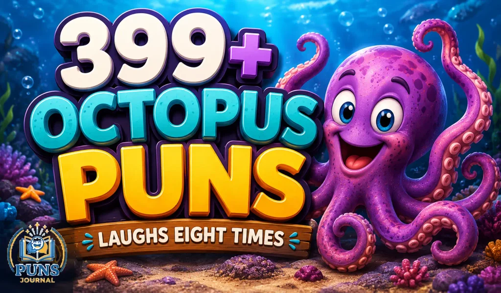 399+ octopus puns thumbnail with a cheerful purple octopus and bold underwater lettering