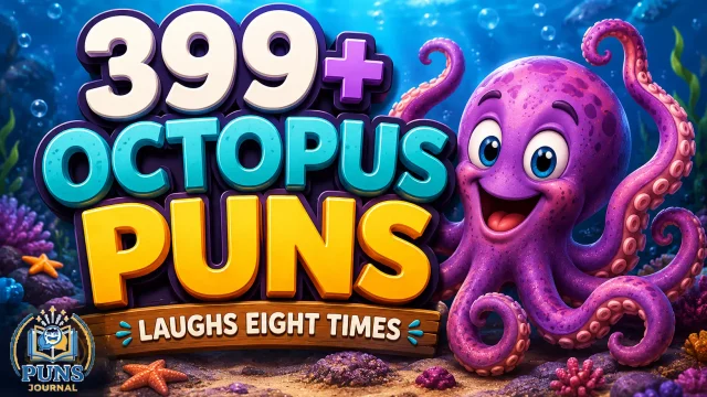 399+ octopus puns thumbnail with a cheerful purple octopus and bold underwater lettering