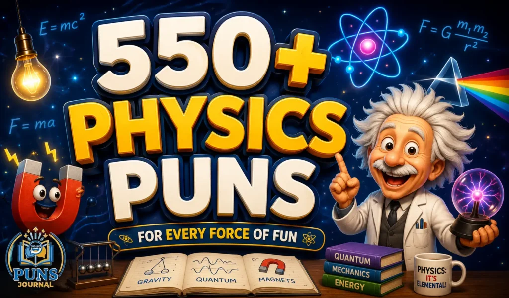 550+ physics puns thumbnail with a cheerful scientist, atom, magnet, and physics symbols
