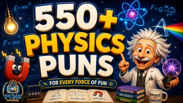 550+ physics puns thumbnail with a cheerful scientist, atom, magnet, and physics symbols