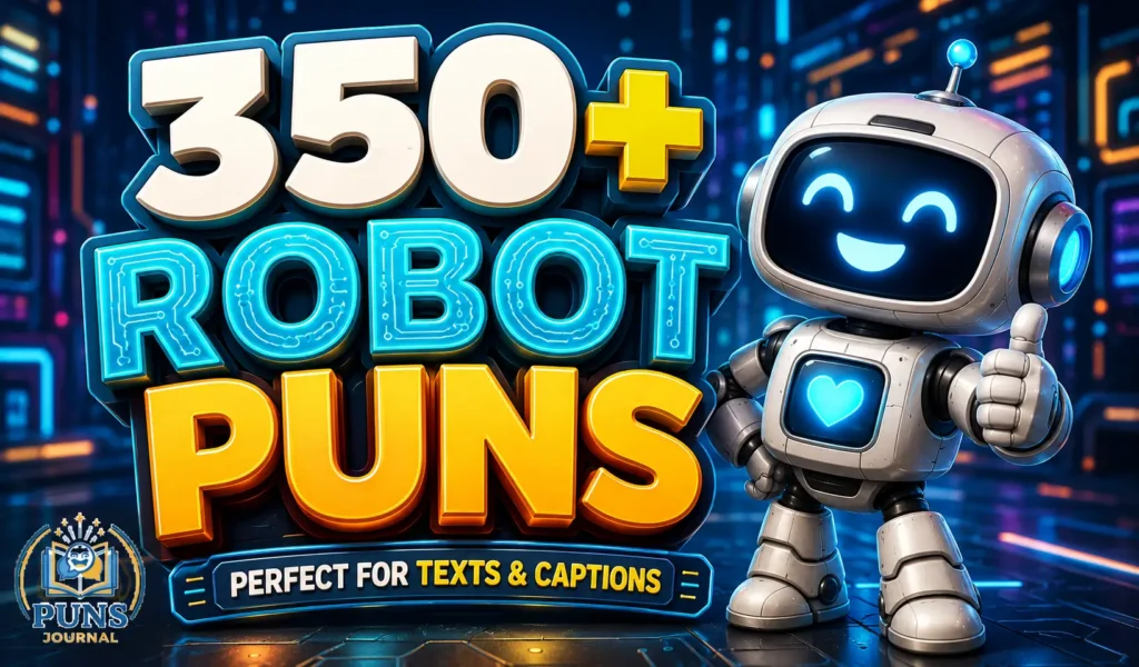 350+ robot puns thumbnail with a cheerful cartoon robot and bold 3D lettering