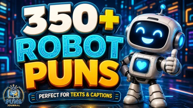 350+ robot puns thumbnail with a cheerful cartoon robot and bold 3D lettering